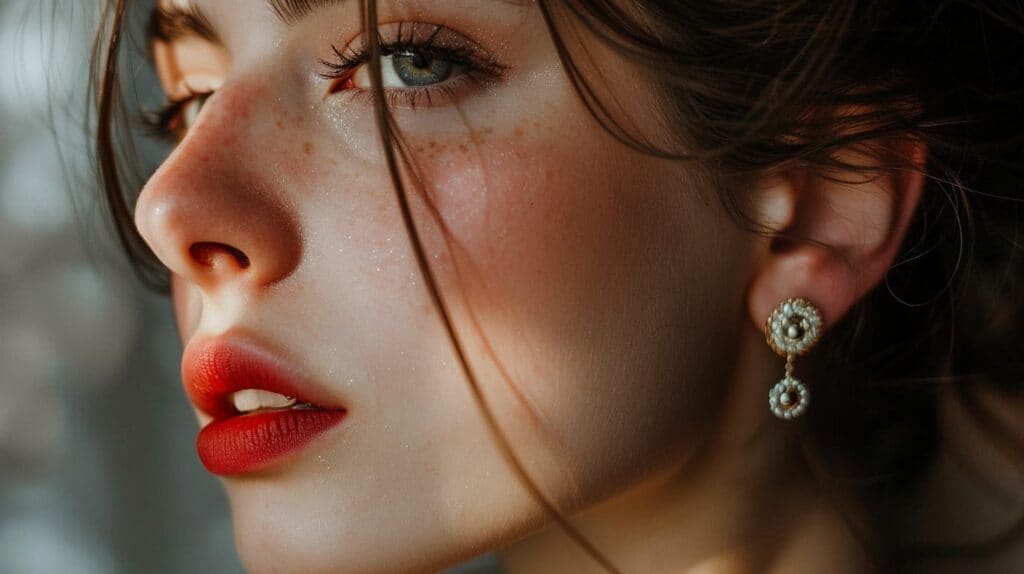 Close-up of a woman with freckles wearing pearl and bead earrings