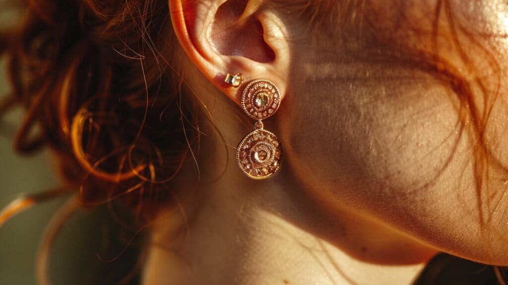 Close-up of woman with curly hair wearing intricate gold dangle earrings with thicker posts to support the weight of the design