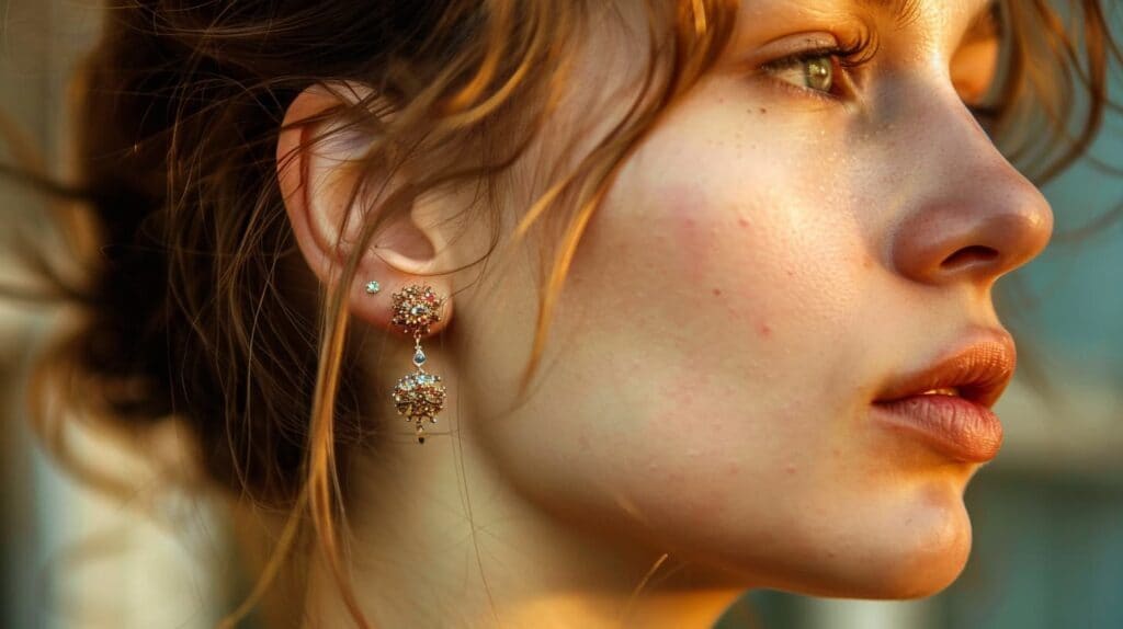 Side profile of a woman with short hair wearing floral-shaped dangling earrings