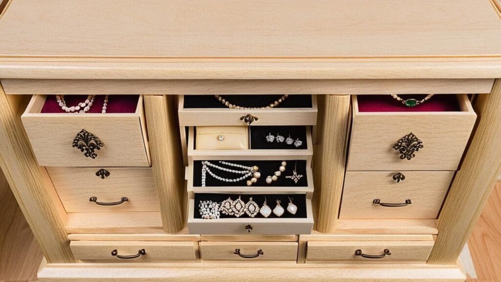 Stylish wooden jewelry armoire with open drawers showcasing pearl necklaces, earrings, and other fine jewelry, highlighting organized and protected storage solutions.