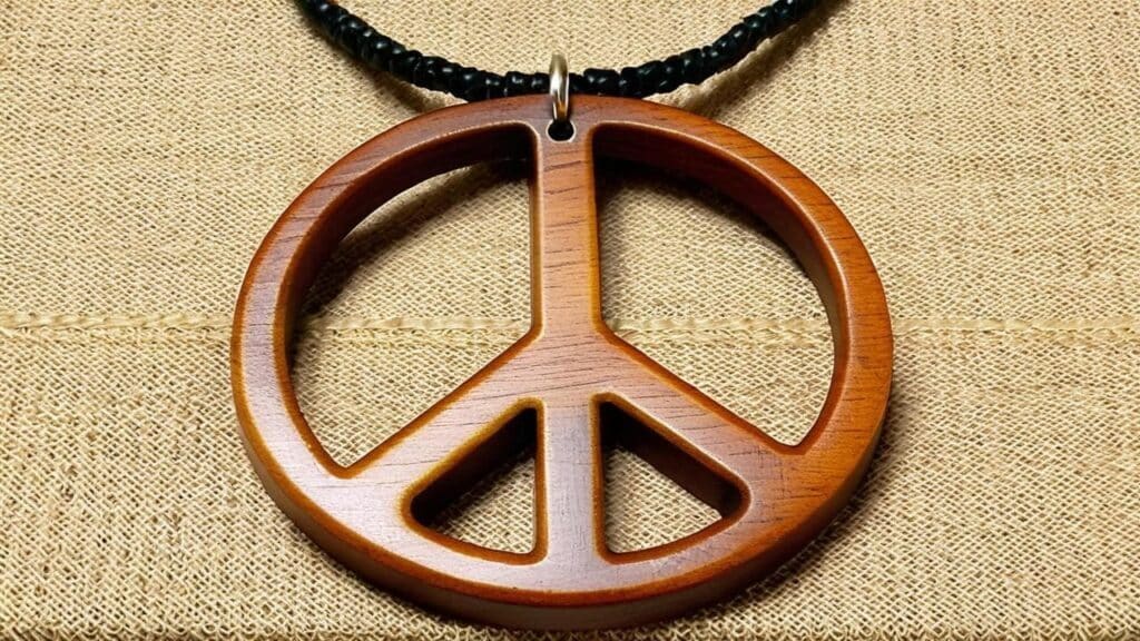 Wooden peace sign pendant necklace with black beads representing iconic hippie jewelry from the 1970s