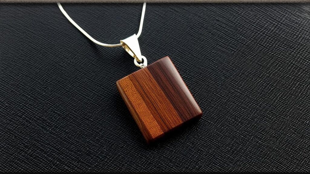 A rectangular wooden pendant necklace with a silver chain, featuring a multi-toned wood inlay design, elegantly displayed on a black textured background.