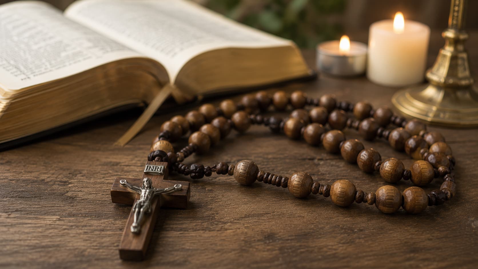 Wooden rosary beads with crucifix resting beside an open Bible and lit candles