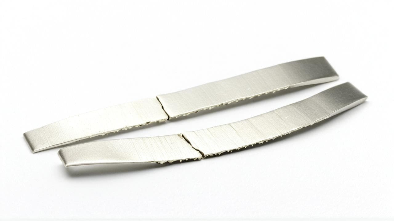 Two silver metal strips cracked and split from work hardening