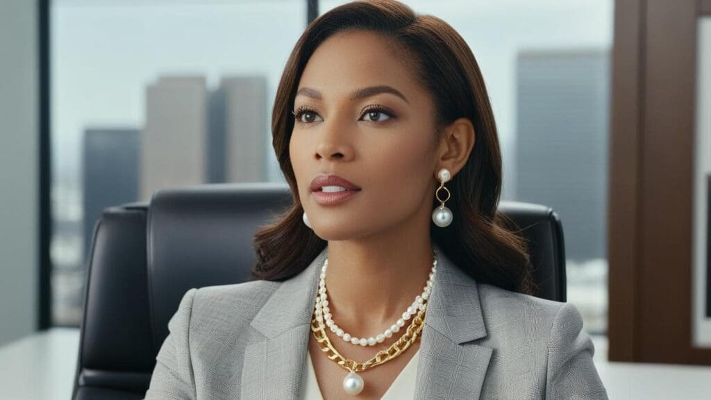 Professional woman wearing appropriate layered jewelry that meets workplace safety standards and dress code requirements in corporate office environment