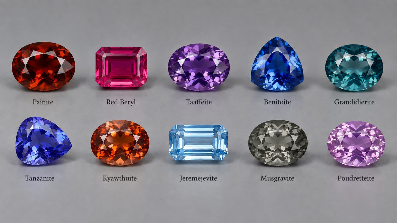 Ten of the world's rarest gemstones displayed together, including painite, red beryl, taaffeite, benitoite, grandidierite, tanzanite, kyawthuite, jeremejevite, musgravite, and poudretteite