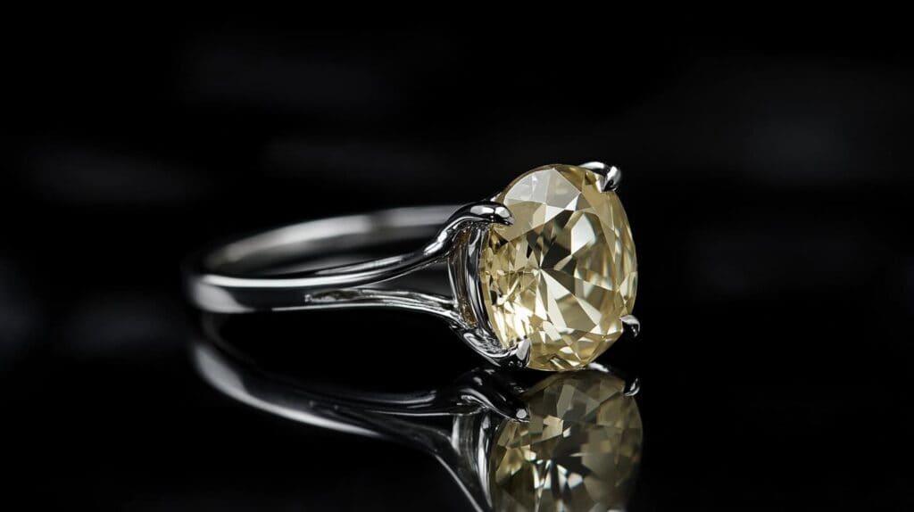 Stunning oval-cut yellow danburite gemstone set in a sleek white gold ring, displayed on a reflective black surface.