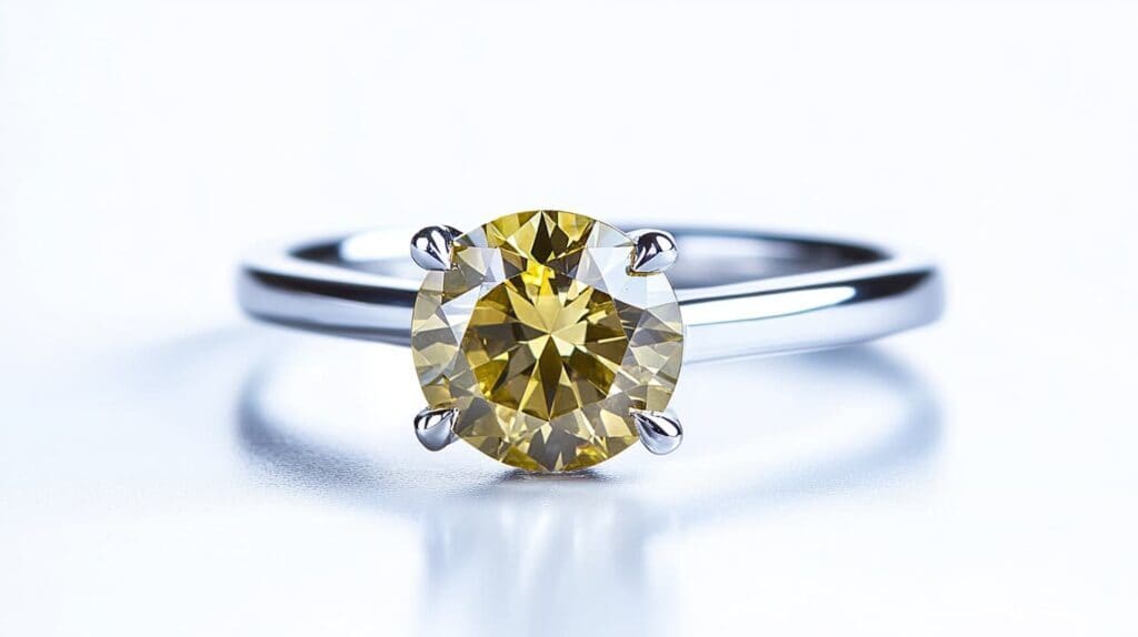Close-up of a round yellow diamond engagement ring in a sleek platinum band, showcasing the stone's vibrant color and brilliance.