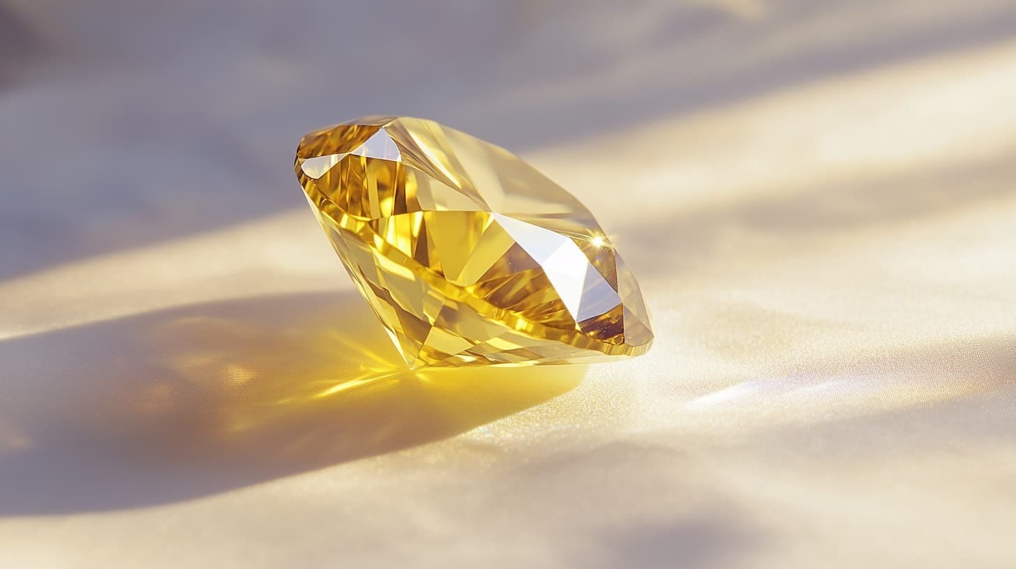 Canary yellow diamond casting a golden shadow on cream silk