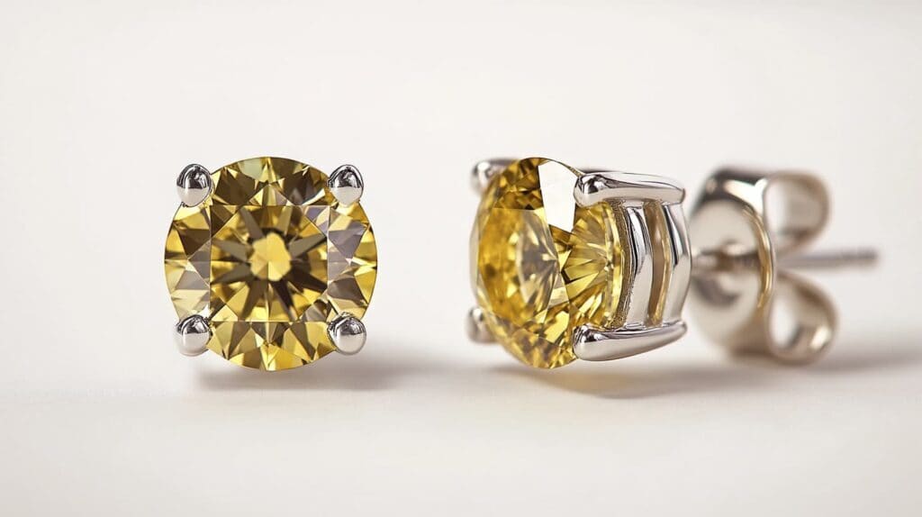 Pair of round yellow diamond stud earrings in prong settings, emphasizing the vivid color and sparkle of the gemstones.