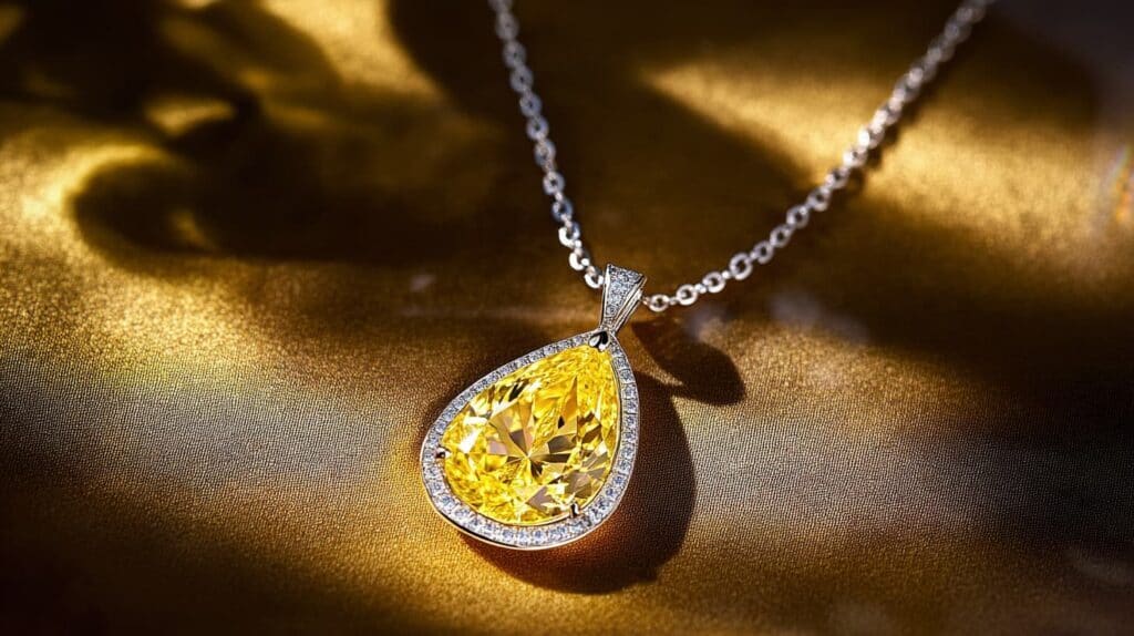 Teardrop-shaped fancy yellow diamond pendant with a halo of white diamonds on a delicate chain, displayed on a golden background.