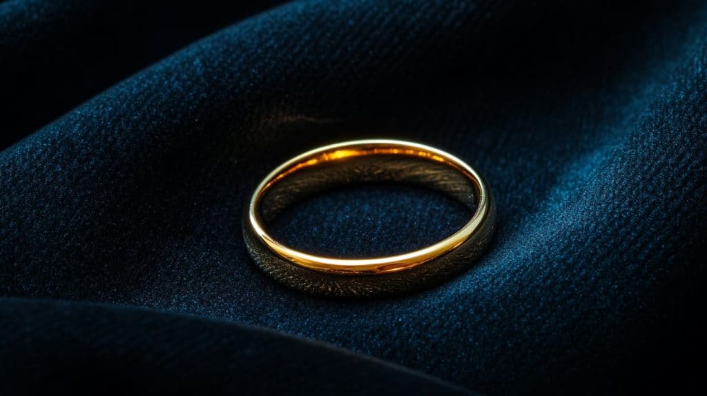 A sleek yellow gold band displayed on dark fabric, emphasizing how proper care prevents surface dulling and preserves its brilliance.