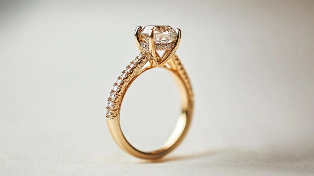 Yellow gold engagement ring featuring a basket setting and a diamond-accented band, highlighting intricate metalwork and gemstone brilliance.