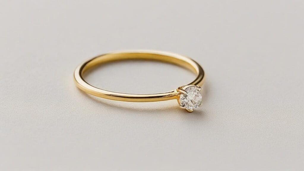 Yellow gold dainty ring with small diamond solitaire setting on thin band