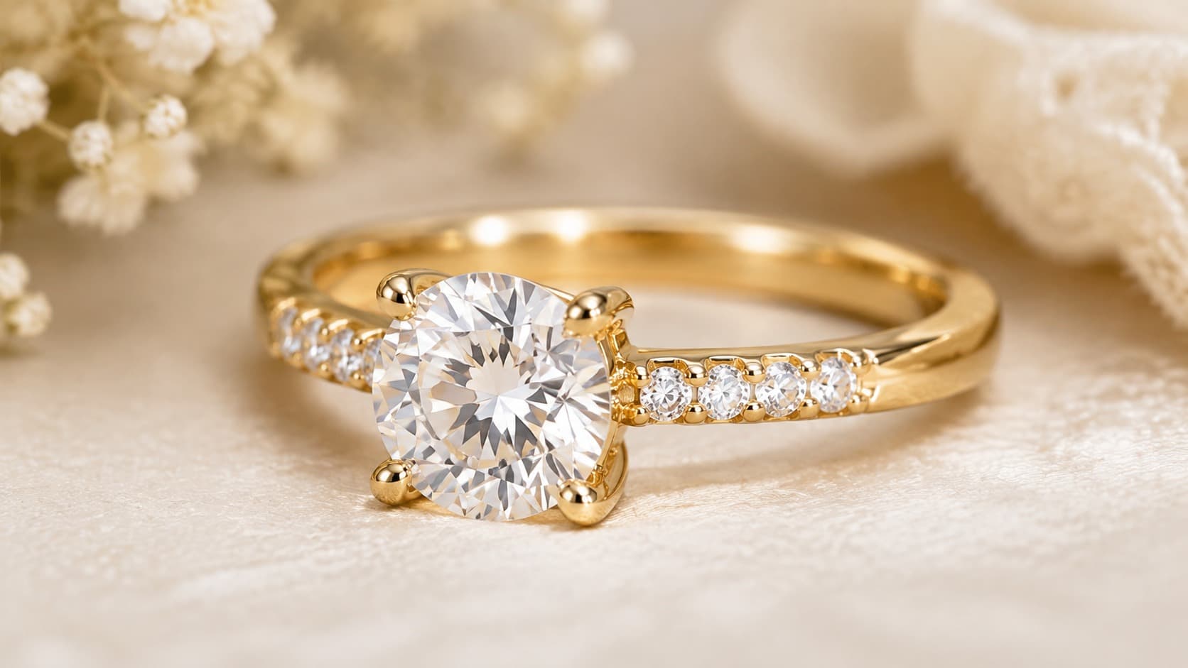 Yellow gold engagement ring with a round diamond solitaire and pavé band