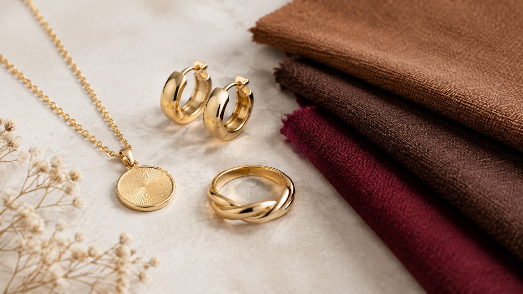 Yellow gold necklace, hoop earrings, and ring displayed next to brown and burgundy fabric swatches