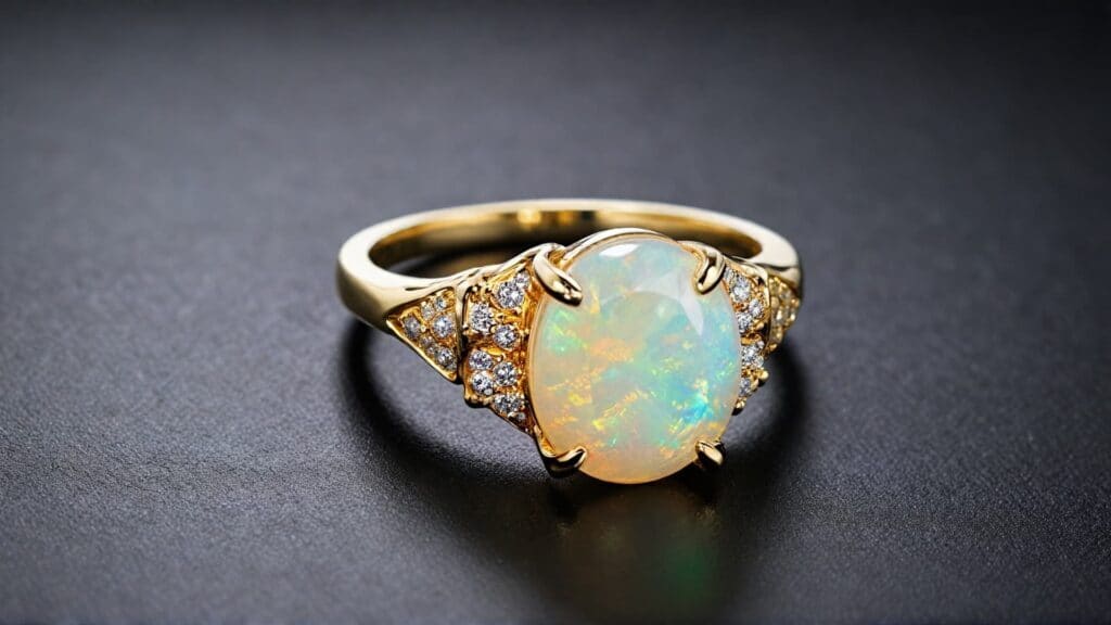 A luxurious yellow gold opal engagement ring featuring a luminous oval opal with vibrant play-of-color, accented by sparkling diamonds on the band.