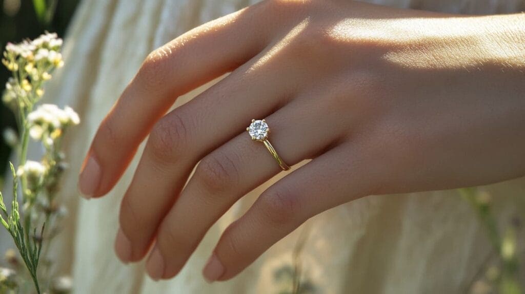 Yellow gold solitaire ring with a round diamond on a woman’s hand, set against a natural outdoor background, symbolizing timeless elegance.