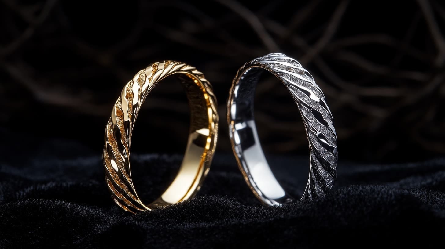 Matching twisted-texture rings in yellow gold and white metal side by side