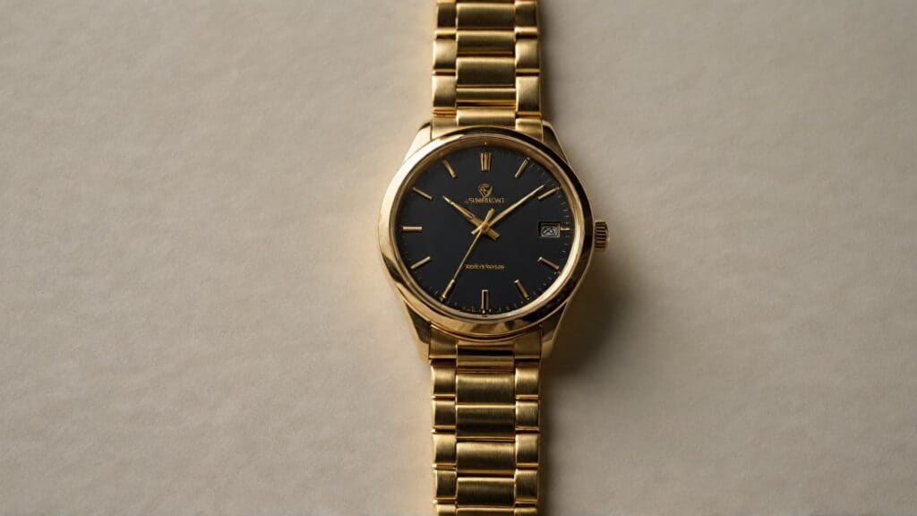 Yellow gold watch with matching gold metal bracelet showcasing precious metal watch materials