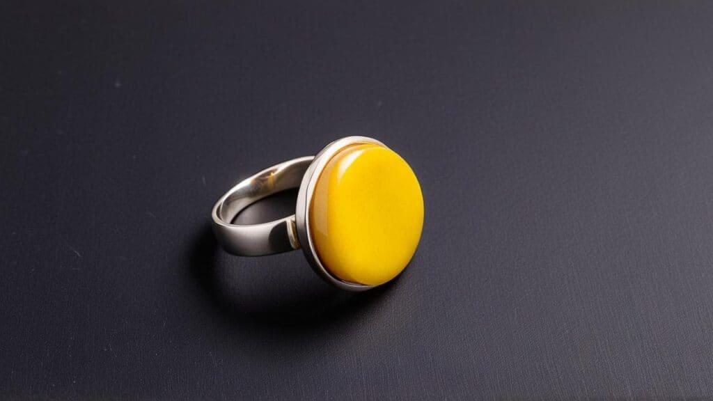 Bold yellow tagua nut ring set in silver, showcasing sustainable and vegan-friendly jewelry design