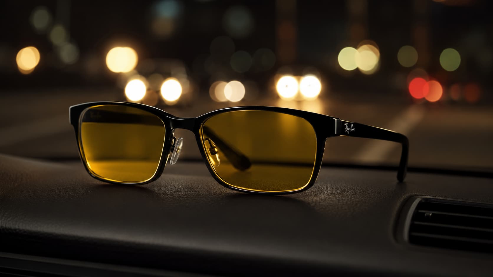 Yellow-tinted night-driving glasses resting on a car dashboard with blurred headlights in the background