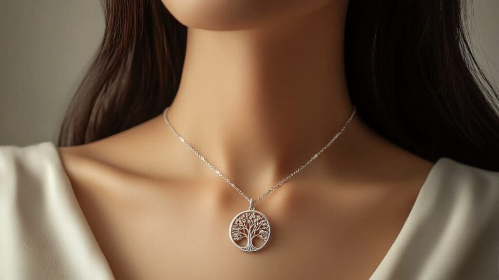 Yggdrasil World Tree pendant worn as a necklace, representing connection and wisdom in Norse mythology.