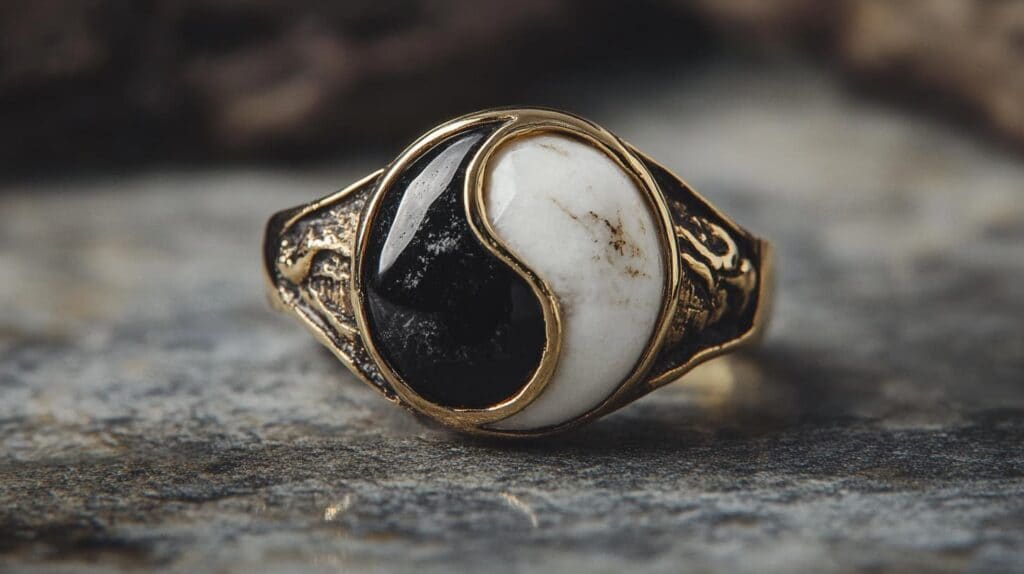 Vintage-style ring with Yin Yang symbol in black and white stones, representing balance and unity.