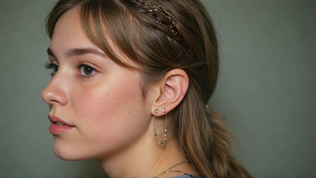 Young girl showing multiple ear piercings with small studs and delicate hoops in profile view demonstrating healed piercing results
