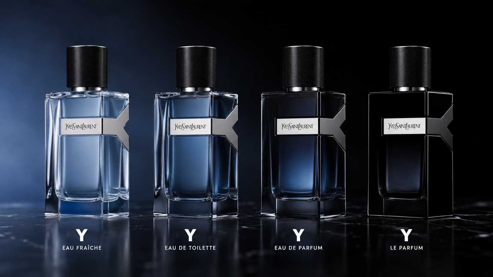 YSL Y fragrance bottles in Eau Fraîche, Eau de Toilette, Eau de Parfum, and Le Parfum concentrations