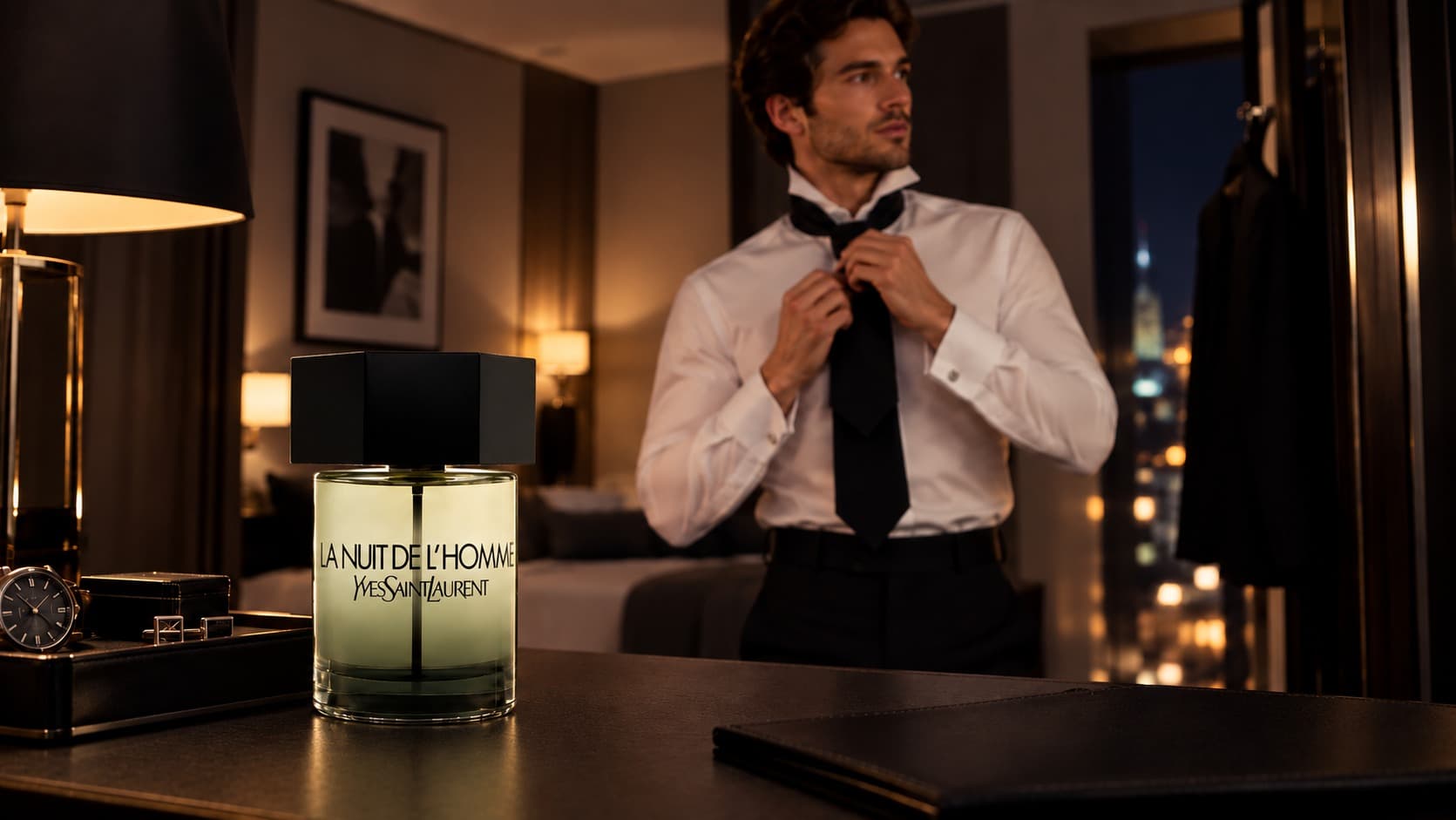 Yves Saint Laurent La Nuit de l'Homme perfume bottle on a hotel desk while a man ties his bow tie before a night out