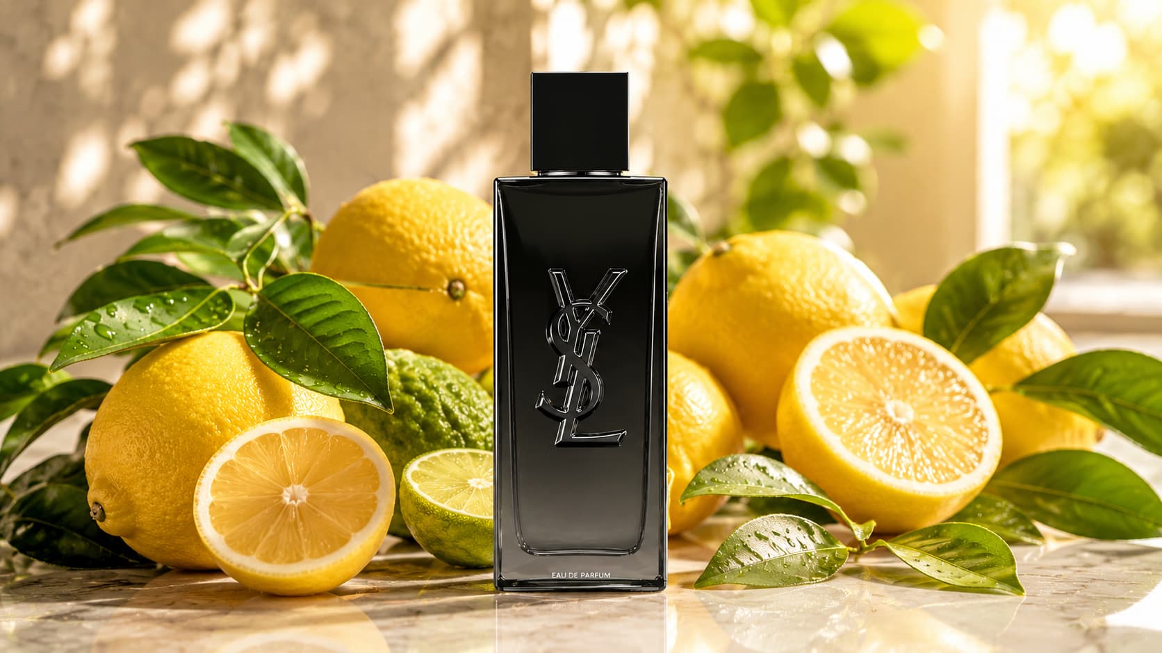 Yves Saint Laurent MYSLF perfume bottle surrounded by fresh citrus fruit