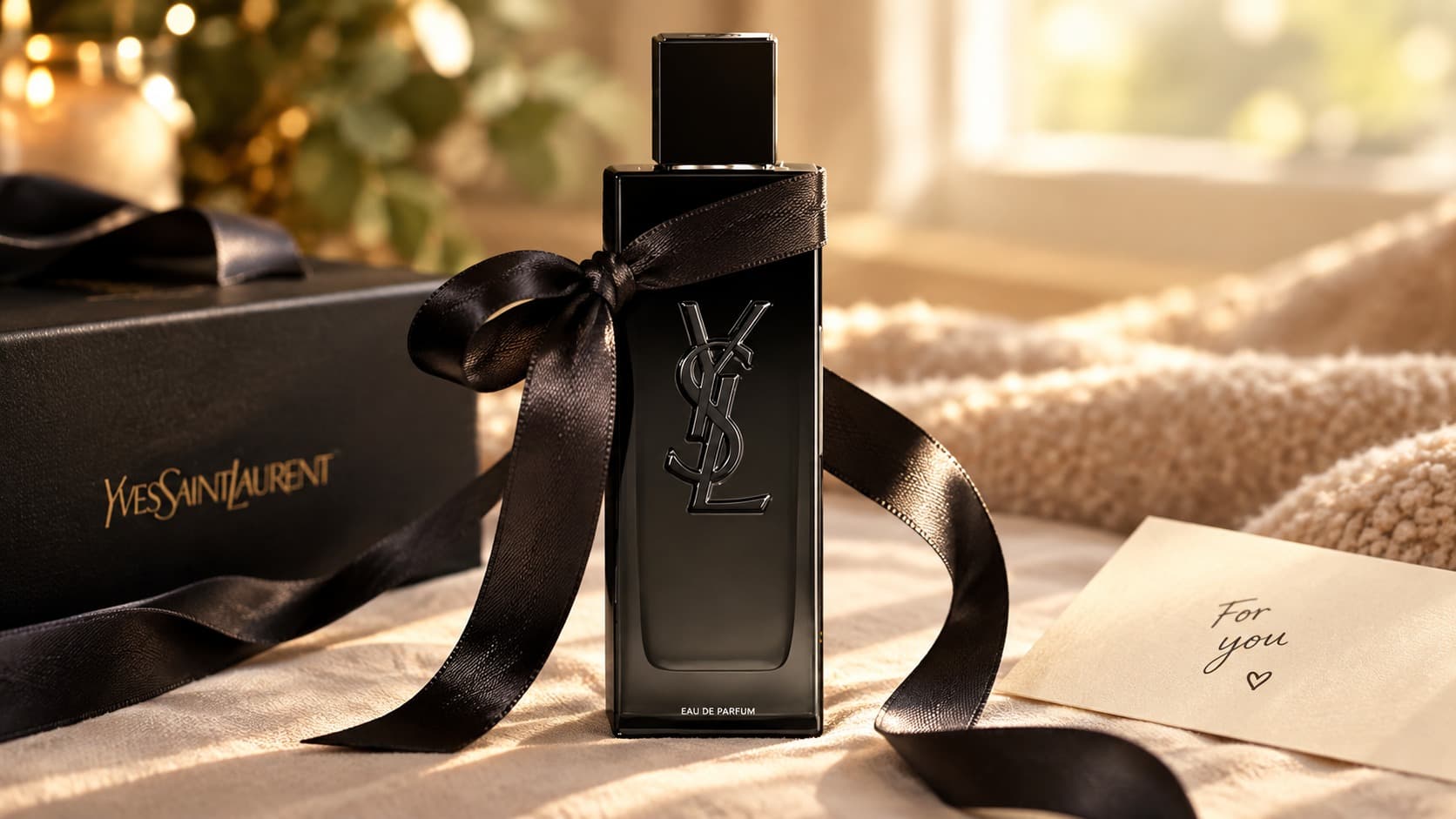 Yves Saint Laurent MYSLF Eau de Parfum bottle tied with a black ribbon as a gift