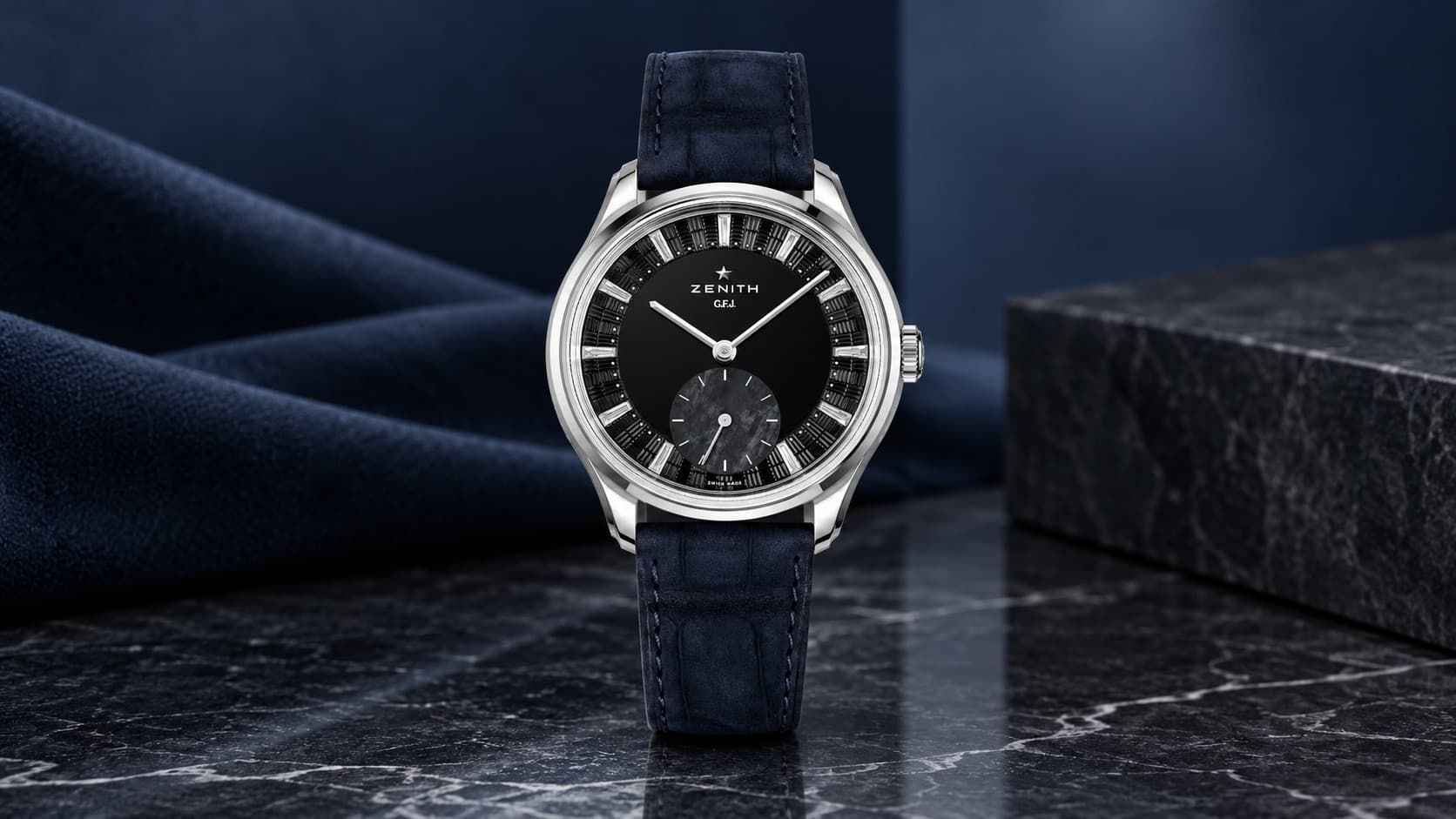 Zenith G.F.J. Calibre 135 heritage dress watch with black dial and blue leather strap