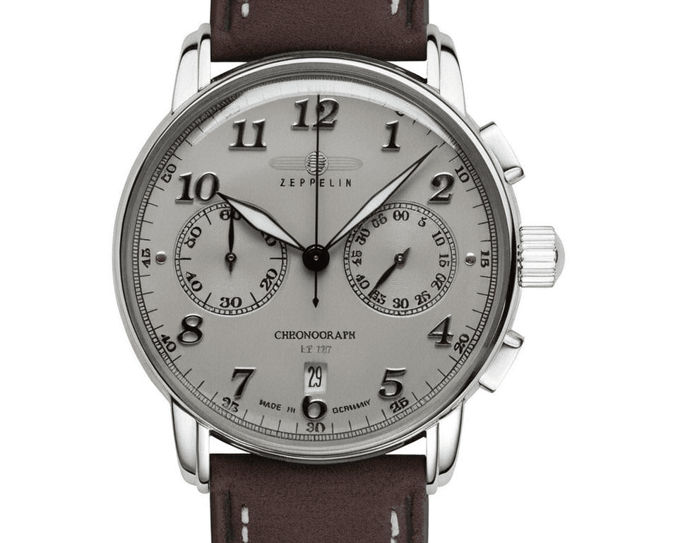 Zeppelin LZ127 chronograph watch with silver dial, dual subdials, and brown leather strap showcasing German aviation timepiece craftsmanship