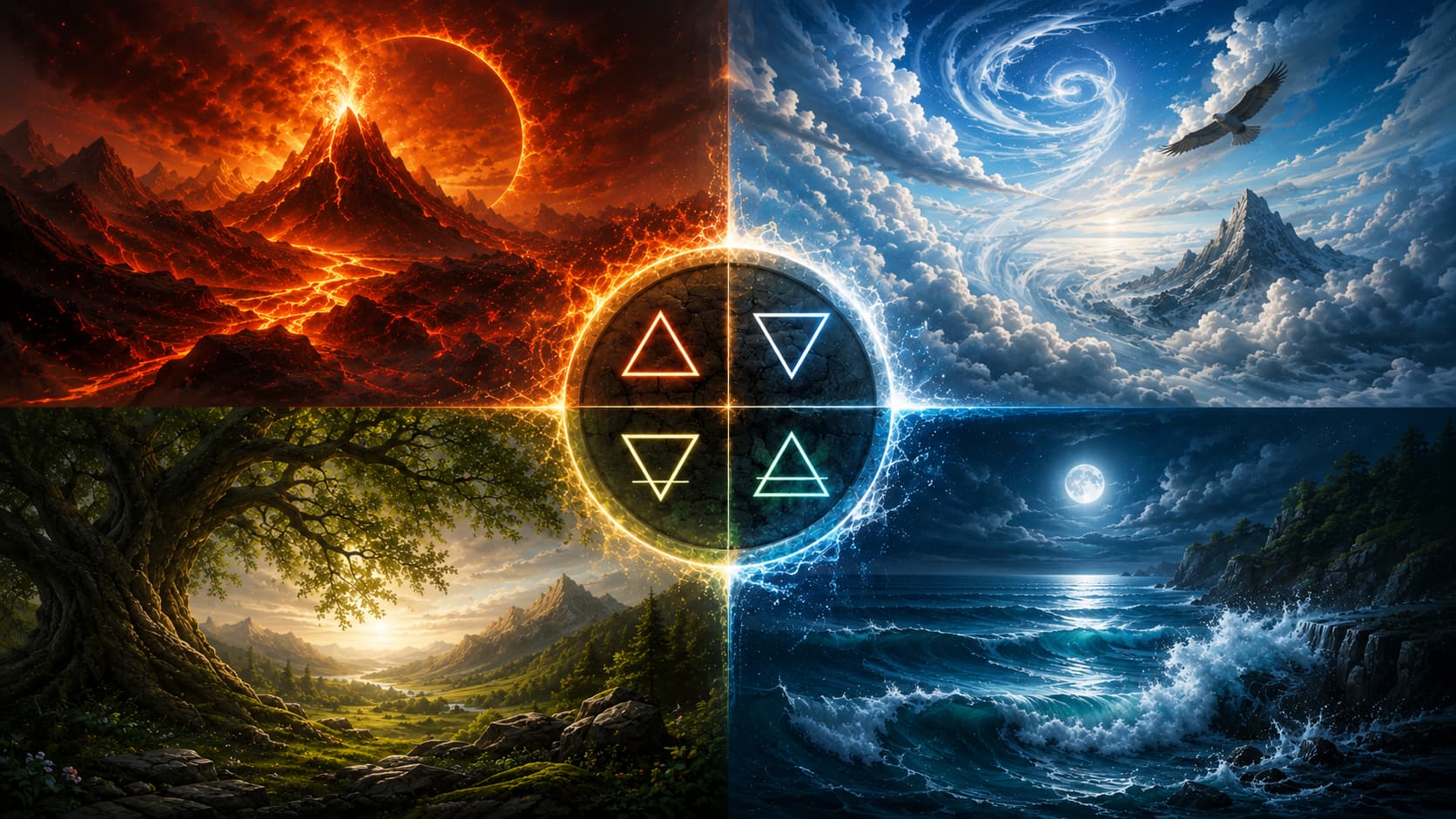 Fire, earth, air, and water zodiac elements shown side by side with their matching triangle symbols