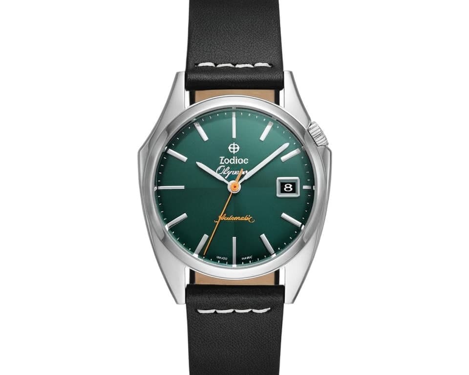 Zodiac Olympos automatic watch with green dial and black leather strap showcasing Swiss heritage design