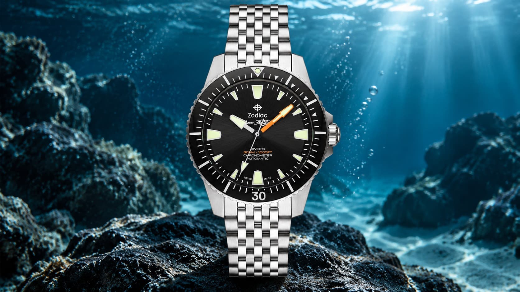 Zodiac Super Sea Wolf automatic dive watch with black dial underwater
