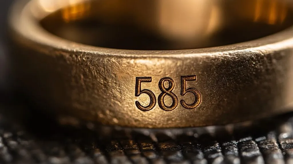 Close-up of a 14k gold ring with a '585' stamp, denoting 58.5% gold purity and symbolizing high-quality craftsmanship.