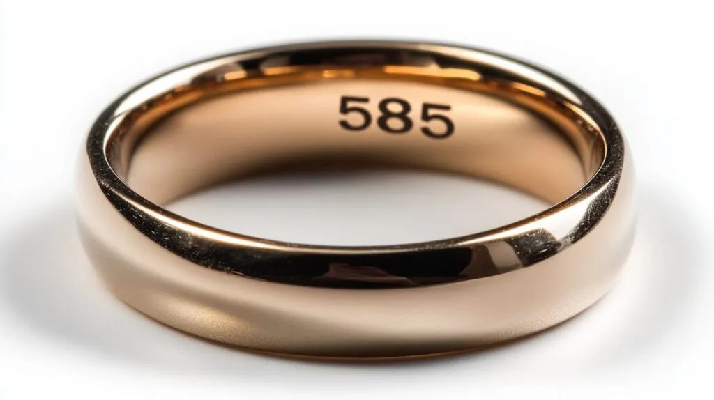 Detailed shot of a 14k gold ring with a prominent '585' stamp, showcasing the gold's authenticity and durability.