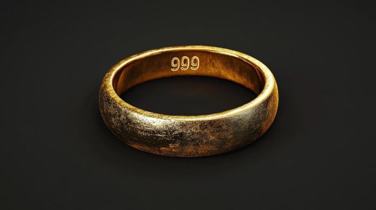 Close-up of a 999 gold ring with hallmark stamp indicating 99.9% gold purity, showcasing its unique value and authenticity.
