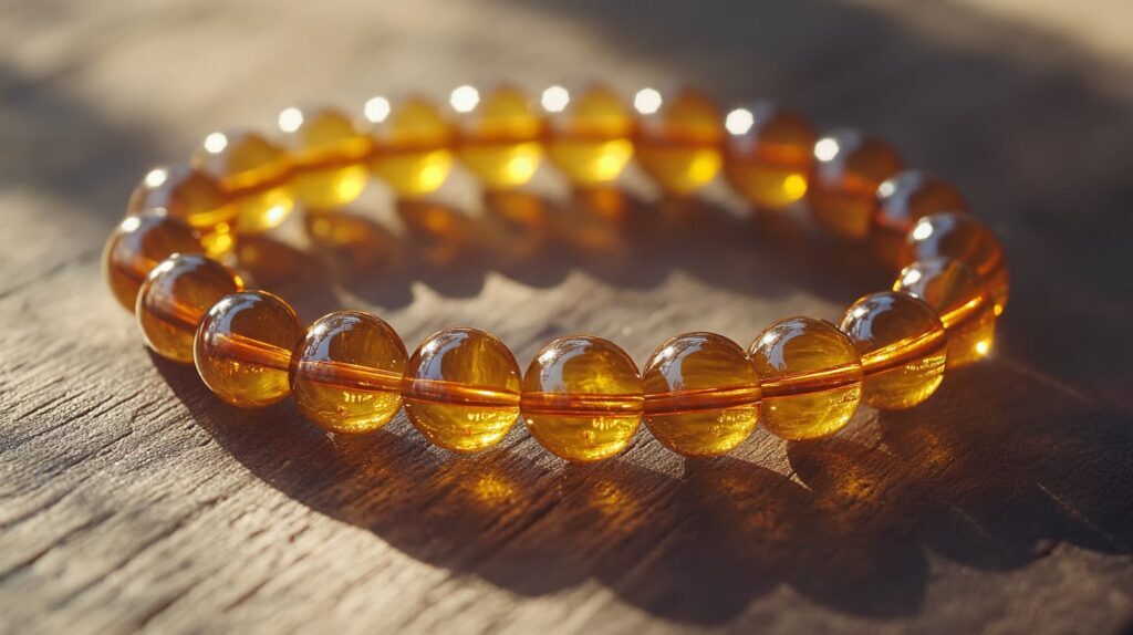 Amber bead bracelet with round, polished beads glowing in warm sunlight, emphasizing the natural translucency and golden hue of the amber.