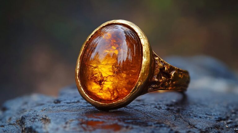 Close-up of a gold ring featuring a large amber cabochon stone, highlighting its rich, warm color and organic inclusions.