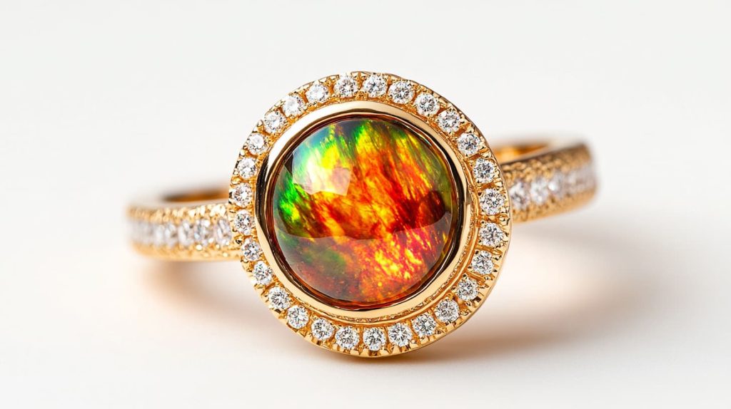 An elegant ammolite ring featuring a round cabochon gemstone with vibrant iridescent colors, set in gold with a diamond halo.