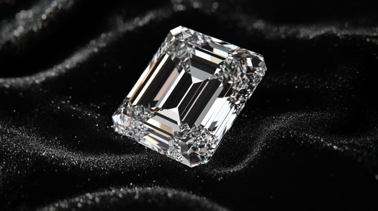 Asscher-cut diamond on black satin fabric, highlighting its geometric facets and precise craftsmanship.