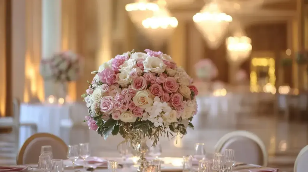 Elegant ballroom wedding venue with large floral centerpiece and chandelier lighting.