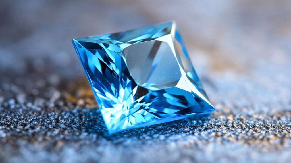 A stunning square-cut blue topaz gemstone with radiant facets, a modern variation of November's birthstone.