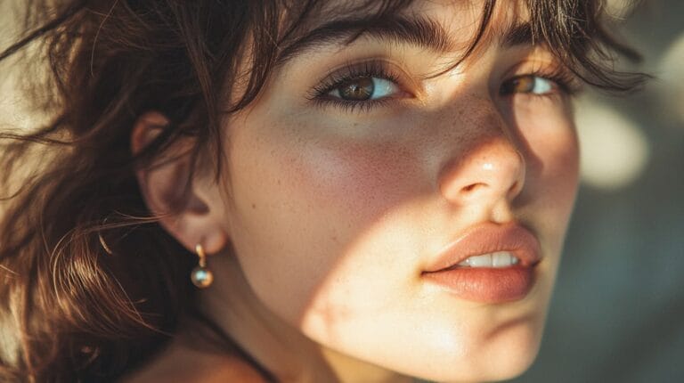 Close-up of a young woman with natural skin and pierced ears wearing delicate earrings.