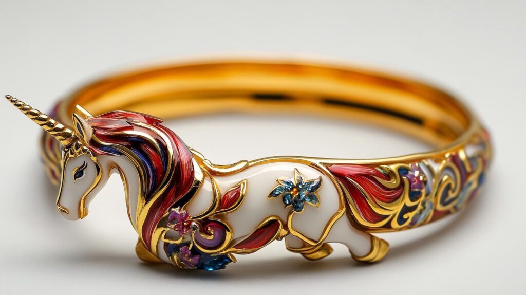 An ornate gold bangle bracelet featuring a detailed enamel unicorn design with colorful accents and floral motifs.