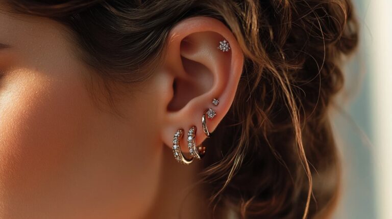 Detailed view of a curated ear piercing featuring diamond studs and gold hoop earrings, showcasing a stylish mix of earring types.